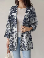 Women Loose Lapel Full Sleeve Floral Casual Side Pockets Coat