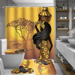 African Girl Bathroom Shower Curtain Toilet Cover Mat Non-Slip Rug Set 180x180cm