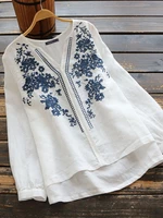 Women 100% Cotton V-Neck Embroidery Patterns Casual Loose Blouse