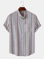 Mens Colorful Pinstripe Stand Collar Daily Short Sleeve Shirts