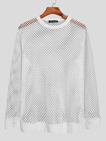 Men Crochet Knit Hollow Out See Through Knitted Round Neck T-Shirt