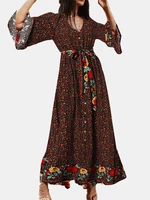 Bohemian Floral Print Belt Ruffle Sleeve Maxi Dress