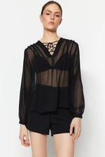 Trendyol Black Weave Sheer Blouse with Lace-up Detail