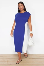 Trendyol Curve Saks-Ecru Color Block Midi Crepe Knitted Plus Size Dress