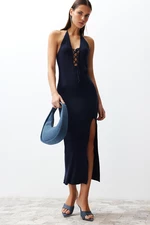 Trendyol Navy Blue Maxi Knitwear Premium/Special Thread Slit Detailed Dress