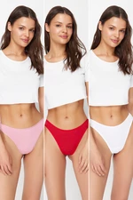 Trendyol White-Red-Pink 3 Pack Cotton Thong Knitted Panties
