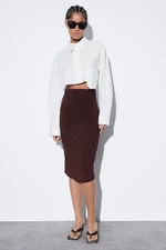 Trendyol Dark Brown Shirred Detail Fitted/Slippery High Waist Midi Pencil Skirt, Stretch
