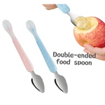 Baby Double Head Silicone Stainless Steel Children Utensil Toddler Infant Food Eating Fruit Scraping Mud Spoon Feeding Tableware