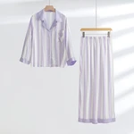 Spring Satin Jasmine Purple Fox Striped Pajamas for Women Long-sleeved Trousers Comfortable Home Clothes Viscose Sleepwear Suit