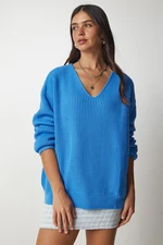 Happiness İstanbul Damski jasnoniebieski sweter oversize z dzianiny oversize z dekoltem w szpic