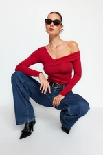 Trendyol Claret Red Cotton Knitted Blouse with Stretchy Ruffles, Fitted Crop