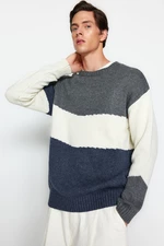 Trendyol Viacfarebný pánsky oversize strih Wide fit Crew krk Color Block Pletený sveter.