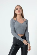 Lafaba Women's Gray Knitted Crop with Metallic Accessories