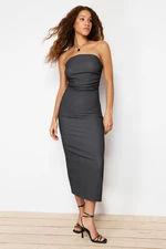 Trendyol Anthracite Strapless Gathered Fitted Midi Flexible Knitted Pencil Dress