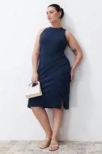 Trendyol Curve Navy Blue Ribbed Crew Neck Slit Knitted Dress