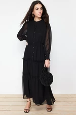 Trendyol Black Sleeves and Waist Gipe Detail Lined Chiffon Woven Shirt Dress