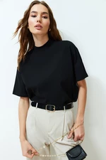 Trendyol Black 100% Cotton Stand Collar Three Quarter Sleeve Knitted T-Shirt