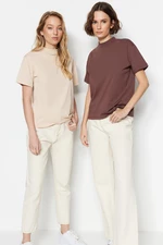 Trendyol Brown-Beige 2-Pack 100% Cotton Basic Stand Up Collar Knitted T-Shirt