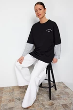 Trendyol Black Striped Sleeve Detailed Knitted T-Shirt