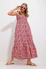 Trend Alaçatı Stili Women's Baby Mouth Strap Skirt Flounce Floral Pattern Gimped Woven Dress