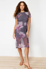 Trendyol Gray Floral Printed Midi Crew Neck Short Sleeve Stretchy Knitted Midi Pencil Dress