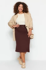 Trendyol Curve Brown Pencil Interlock Knitted Plus Size Skirt