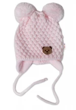 Zimní pletená čepice Teddy Bear na zavazování, růžová, Baby Nellys, vel. 68-80 (6-12m)