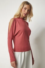 Happiness İstanbul Women's Dry Rose Standing Collar Open-Shoulder Knitwear Blouse
