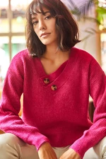 Olalook Women's Fuchsia V-Neck Button Detailed Soft Textured Knitwear Sweater