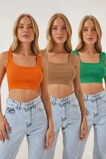 Happiness İstanbul Women's Biscuit Orange Green 3-Pack Halter Crop Knitted Blouse