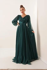 By Saygı Front Back V Neck Balloon Sleeve Long Tulle Dress