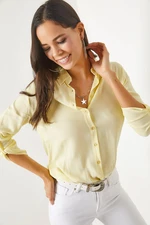 Olalook Women's Yellow Jacquard Flowy Shirt with Folded Sleeves
