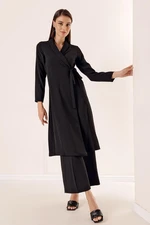 By Saygı Turndown Collar Tied Waist Crepe Long Jacket Black