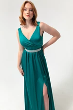 Lafaba Women's Green Double Breasted Collar With Stones and Belt Long Evening Dress.