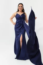 Lafaba Women's Navy Plus Size Long Satin Evening Dress & Prom Dress