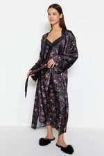 Trendyol Black-Multicolored Floral Satin Woven Dressing Gown