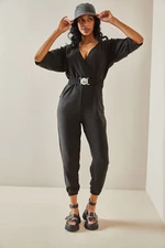 XHAN Black Jumpsuit with a Belted Waist