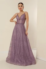 By Saygı Lined with Rope Straps, Sequin Long Dress with Beading Detailed and Embroidered Lilac