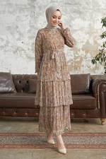 InStyle Dena Leaf Patterned Chiffon Hijab Dress - Beige