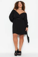 Trendyol Curve Black Woven Dress with a Belt, Double Breasted