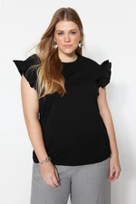 Trendyol Curve Black Knitted Crewneck T-Shirt with Frill sleeves