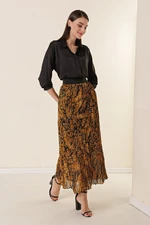 By Saygı Wide Waist, Elasticated Lined Mixed Patterned Tri-Pleat Skirt Olive.