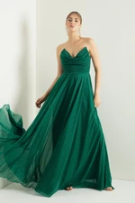 Lafaba Women's Emerald Green Chest Draped Slit Flared Silvery Evening Dress