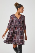 Koton Ethnic Patterned Dress Half Sleeve Flounce V Neck