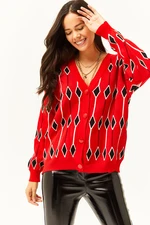 Olalook Women's Red Diamond Pattern Oversize Knitwear Cardigan