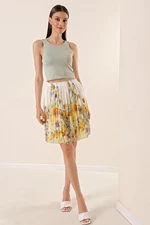 By Saygı Large Floral Patterned Short Chiffon Skirt Yellow With Elastic Waist Lined