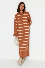 Trendyol Light Brown Striped Knitwear Dress With Slit Detailed Sleeves