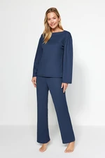 Trendyol Navy Blue Smocking Detailed Crepe T-shirt-Pants and Knitted Pajamas Set