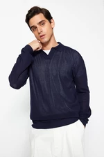 Trendyol Men's Navy Blue Regular Fit Polo Neck Crochet Detailed Cotton Knitwear Sweater.