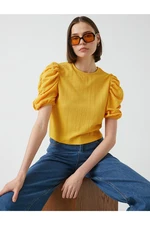 Koton Gathered Balloon Sleeve T-Shirt Crew Neck